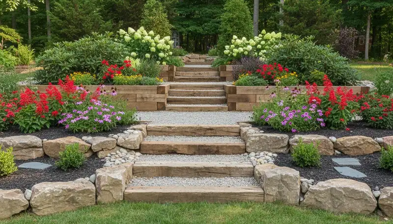 Terraced garden with timber steps and native plants in Spottsville KY by Evansville IN landscaping experts