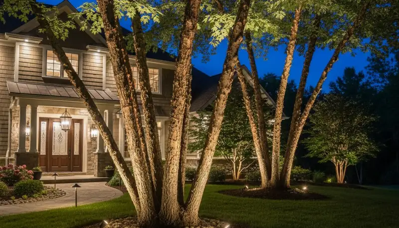 Dramatic tree uplighting with ground fixtures by Chop Chop Landscaping in Evansville, Indiana